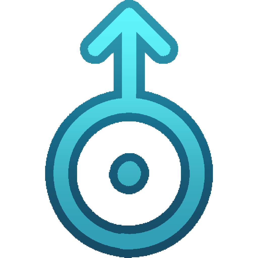 The astro symbol for uranus in cyan. It looks like a circle with a dot in the center and an arrow coming out the top of it, pointing upwards.